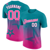 Custom Teal Pink-White 3D Pattern Design Gradient Style Twinkle Star Performance T-Shirt