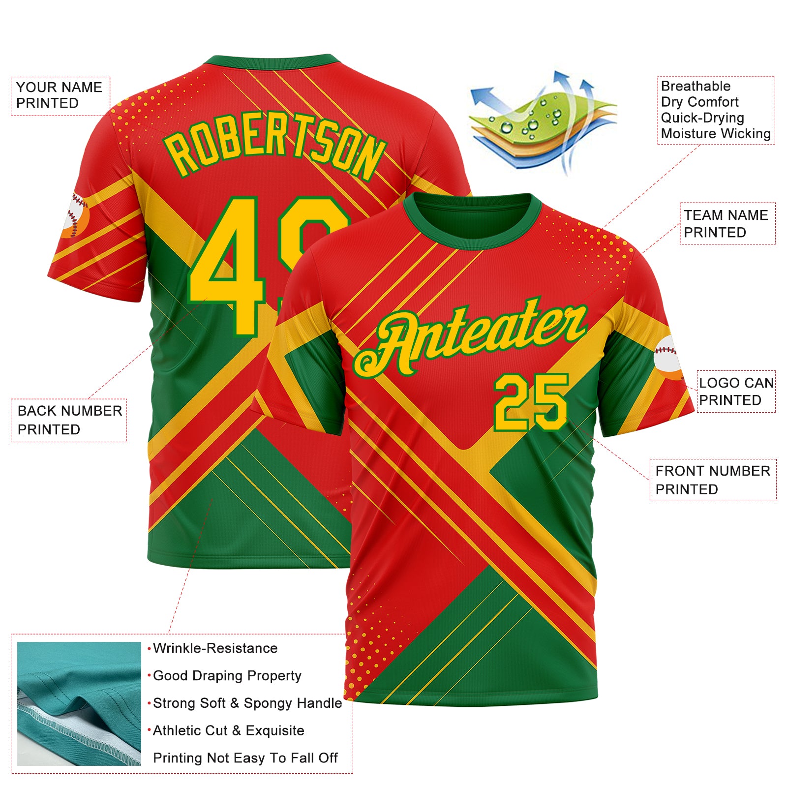 Custom Red Yellow-Grass Green 3D Pattern Design Mexico Brazil Sport Wear Performance T-Shirt