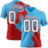 Custom Sky Blue White-Red 3D Pattern Abstract Brush Stroke Mesh Authentic Football Jersey