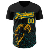 Custom Black Yellow-Teal 3D Pattern Design Gradient Leopard Print Authentic Baseball Jersey