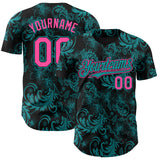Custom Black Pink-Teal 3D Pattern Design Flower Authentic Baseball Jersey