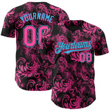 Custom Black Pink-Sky Blue 3D Pattern Design Flower Authentic Baseball Jersey