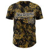 Custom Black Old Gold-White 3D Pattern Design Flower Authentic Baseball Jersey
