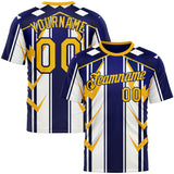 Custom White Yellow Blue-Navy 3D Pattern Design Geometric Shape Stripe Sport Wear Performance T-Shirt