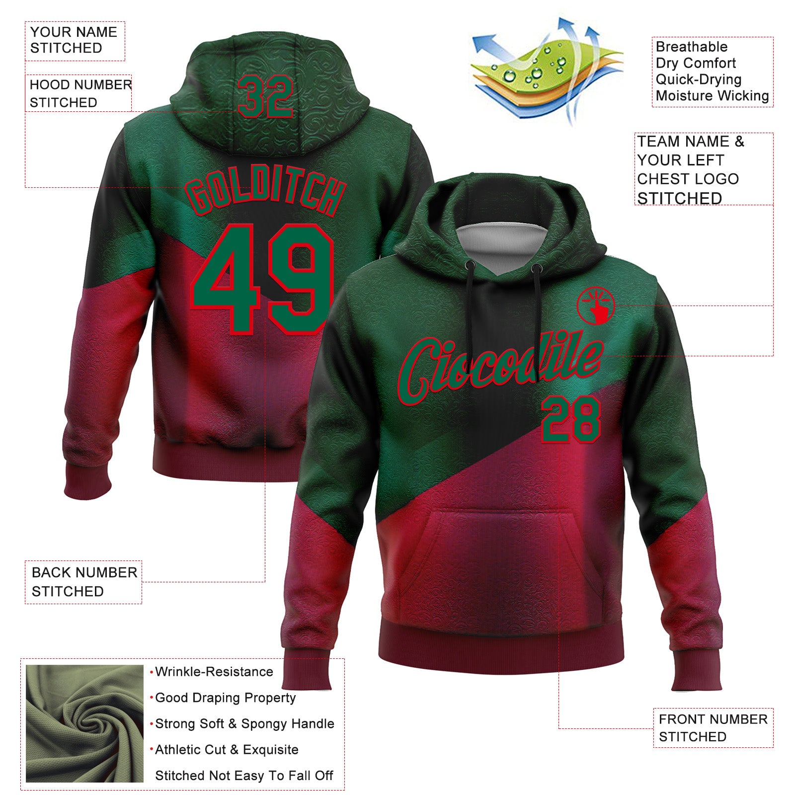 Custom Stitched Green Kelly Green-Red 3D Pattern Design Mexico Abstract Sports Wear Pullover Sweatshirt Hoodie