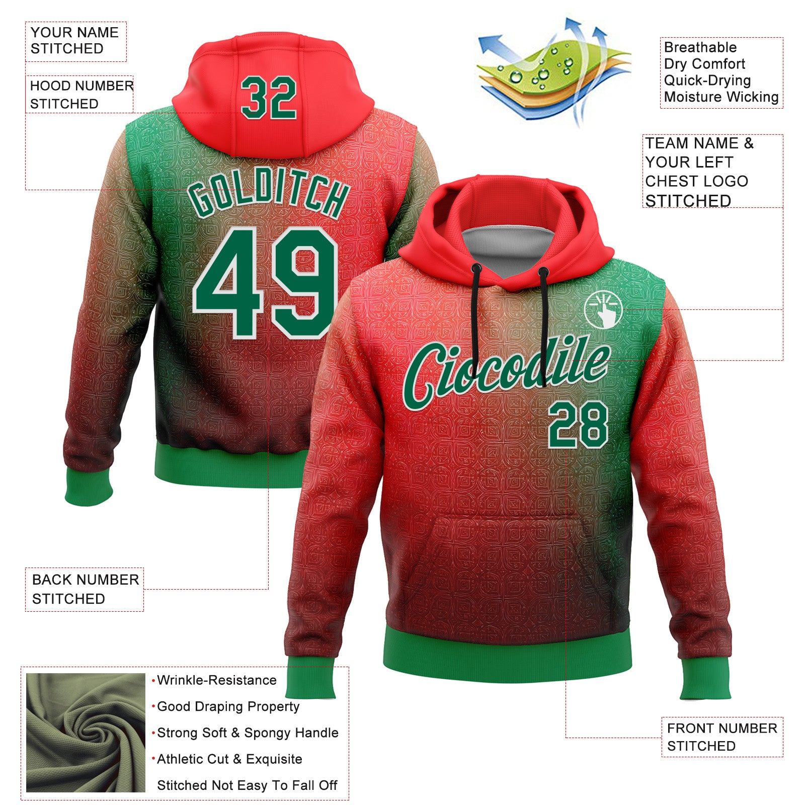 Custom Stitched Red Kelly Green-White 3D Pattern Design Mexico Subtle Sports Wear Pullover Sweatshirt Hoodie