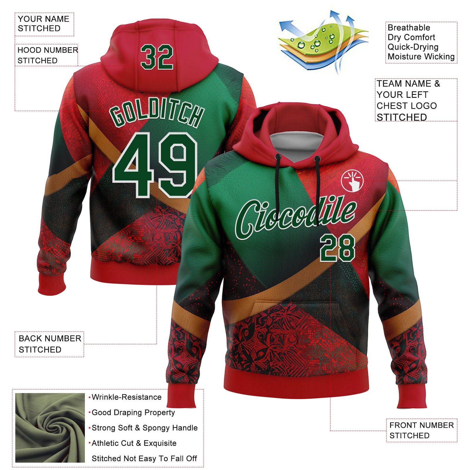 Custom Stitched Red Green-White 3D Pattern Design Mexico Geometric Tribal Sports Wear Pullover Sweatshirt Hoodie