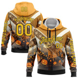 Custom Yellow Black 3D Halloween Pumpkin Spooky Stripe Sports Pullover Sweatshirt Hoodie