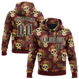 Custom Burgundy Black-City Cream 3D Skull Roses Gothic Vintage Sports Pullover Sweatshirt Hoodie