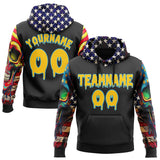 Custom Black Yellow-Sky Blue 3D Skull American Flag Inspired Graffiti Sports Pullover Sweatshirt Hoodie