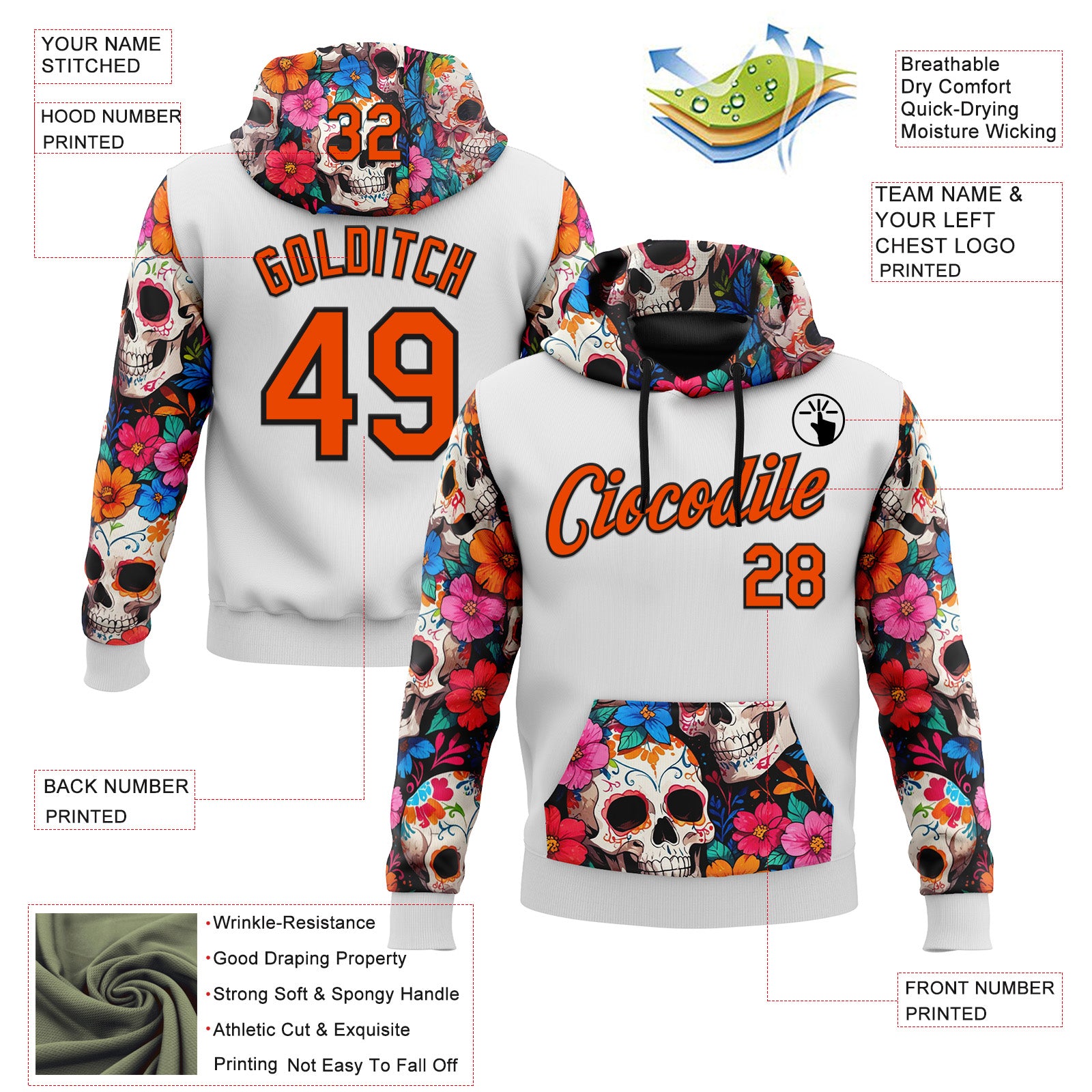 Custom White Orange-Black 3D Skull Calavera Day Of The Dead Dia de los Muertos Sports Pullover Sweatshirt Hoodie
