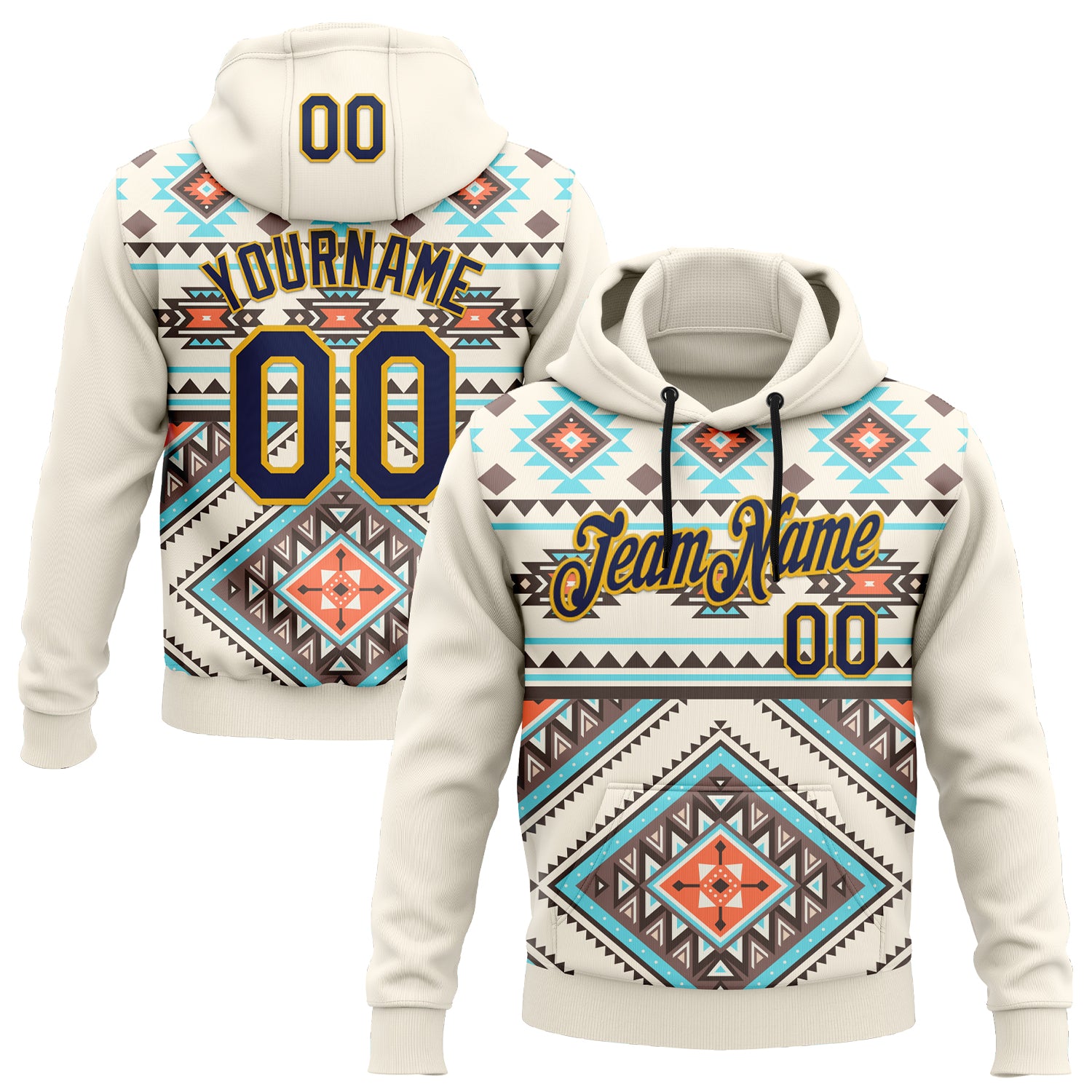 Custom Stitched Cream Navy Blue Orange Gray-Gold 3D Mexico Aztec Pattern Sports Pullover Sweatshirt Hoodie