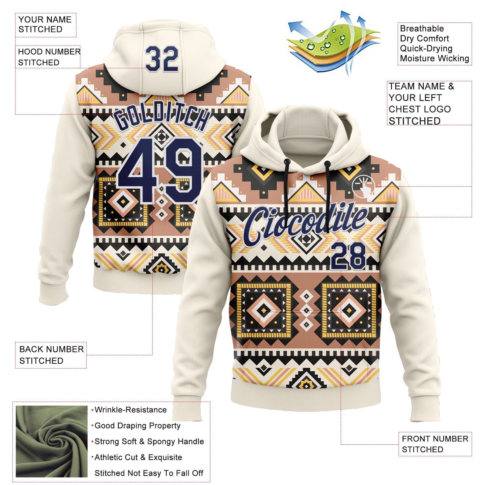 Custom Stitched Cream Navy Gray Yellow-White 3D Mexico Aztec Pattern Sports Pullover Sweatshirt Hoodie