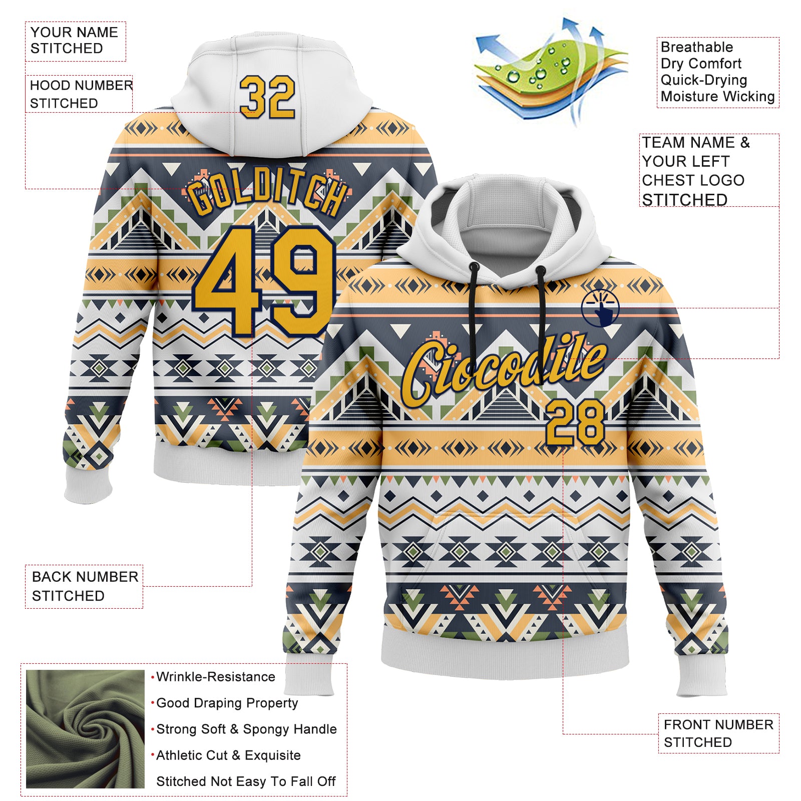 Custom Stitched White Gold Gray Green-Navy 3D Mexico Aztec Pattern Sports Pullover Sweatshirt Hoodie