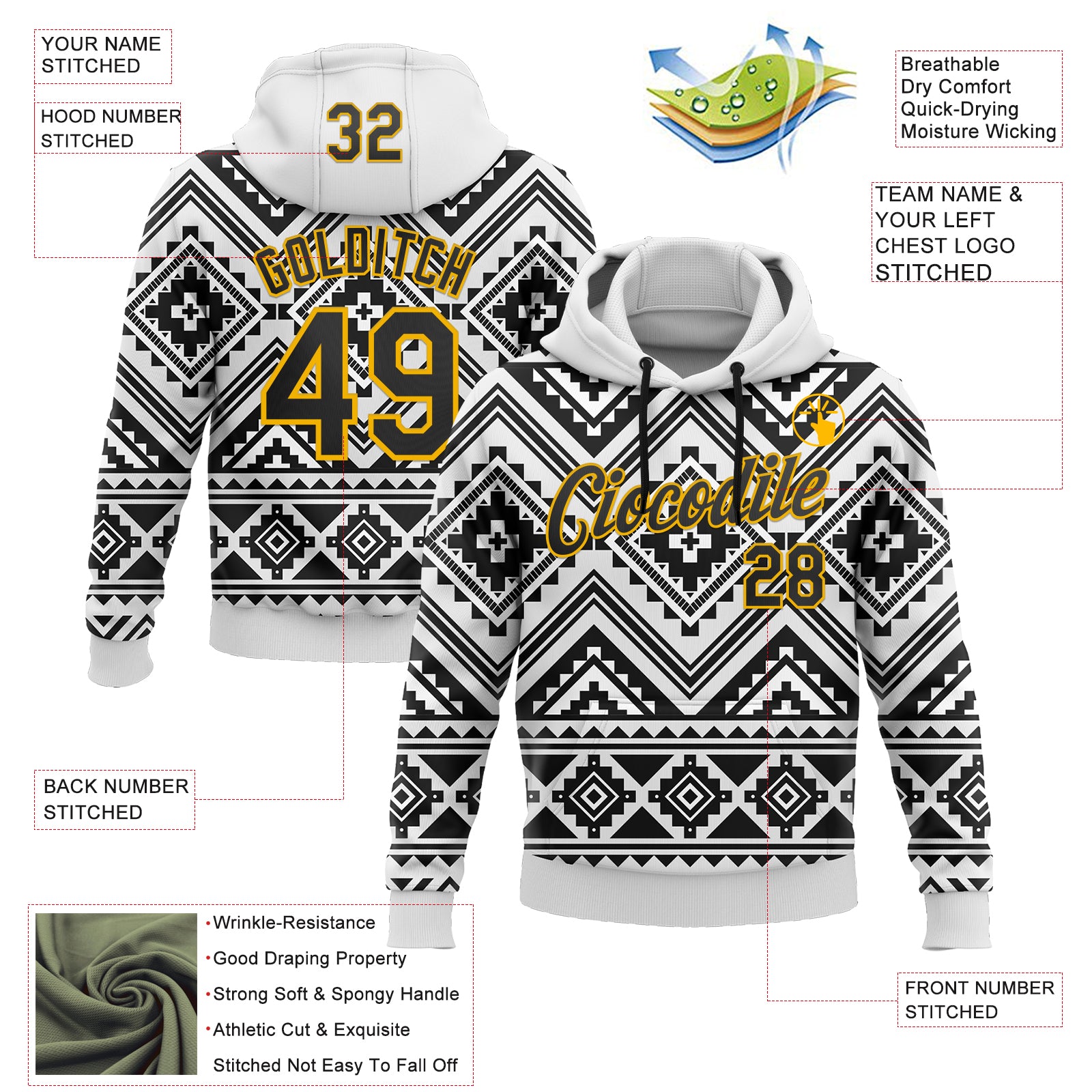 Custom Stitched White Black-Gold 3D Mexico Aztec Pattern Sports Pullover Sweatshirt Hoodie
