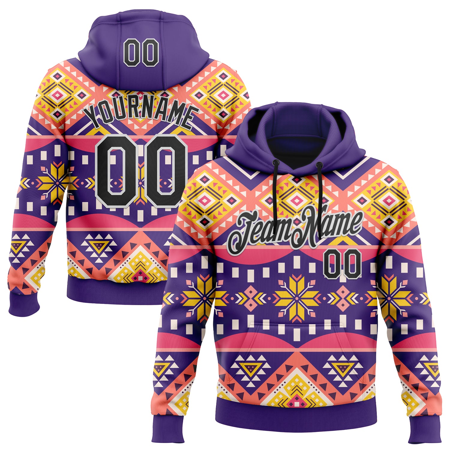 Custom Stitched Purple Black Pink Yellow-White 3D Mexico Aztec Pattern Sports Pullover Sweatshirt Hoodie