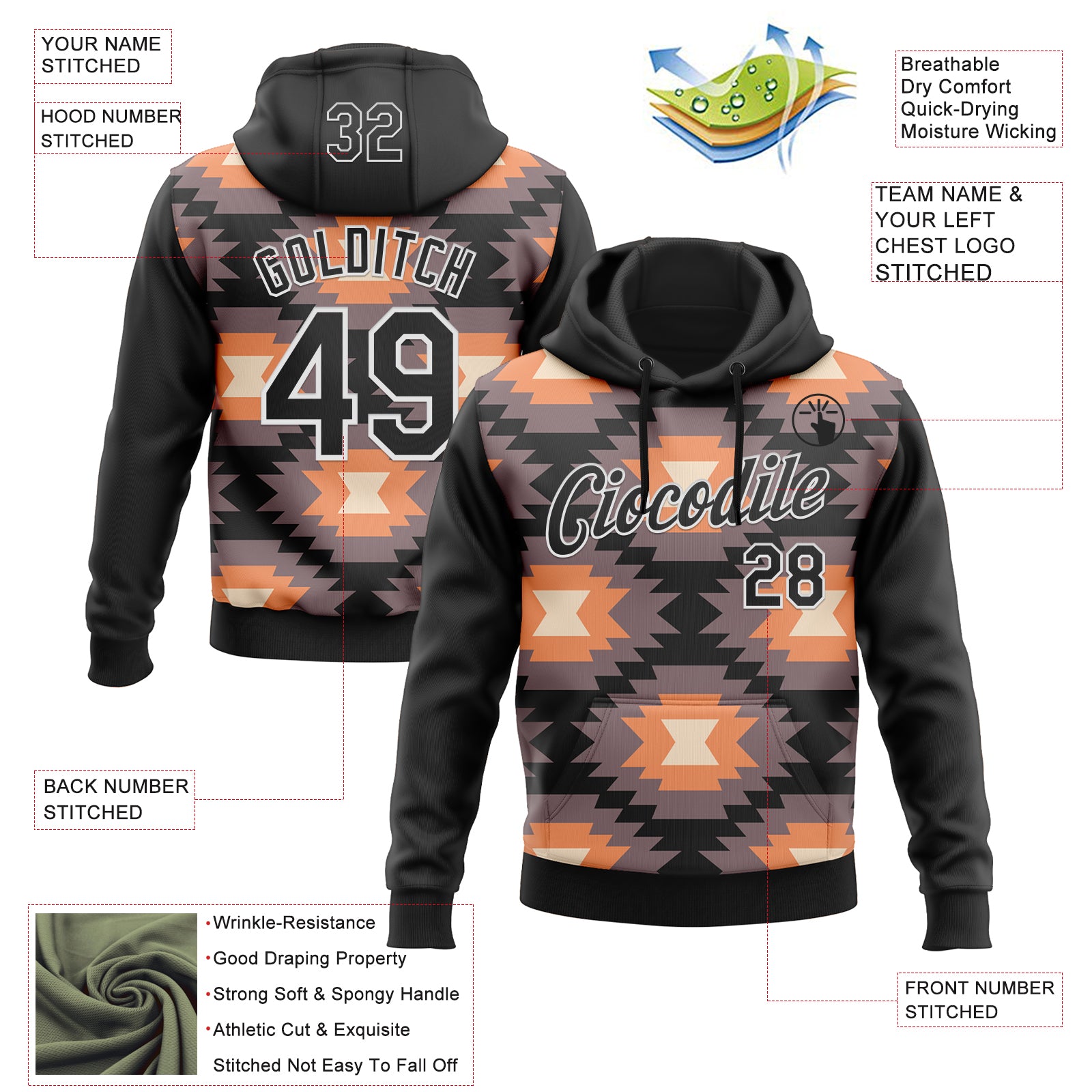 Custom Stitched Black Gray Orange-White 3D Mexico Aztec Pattern Sports Pullover Sweatshirt Hoodie