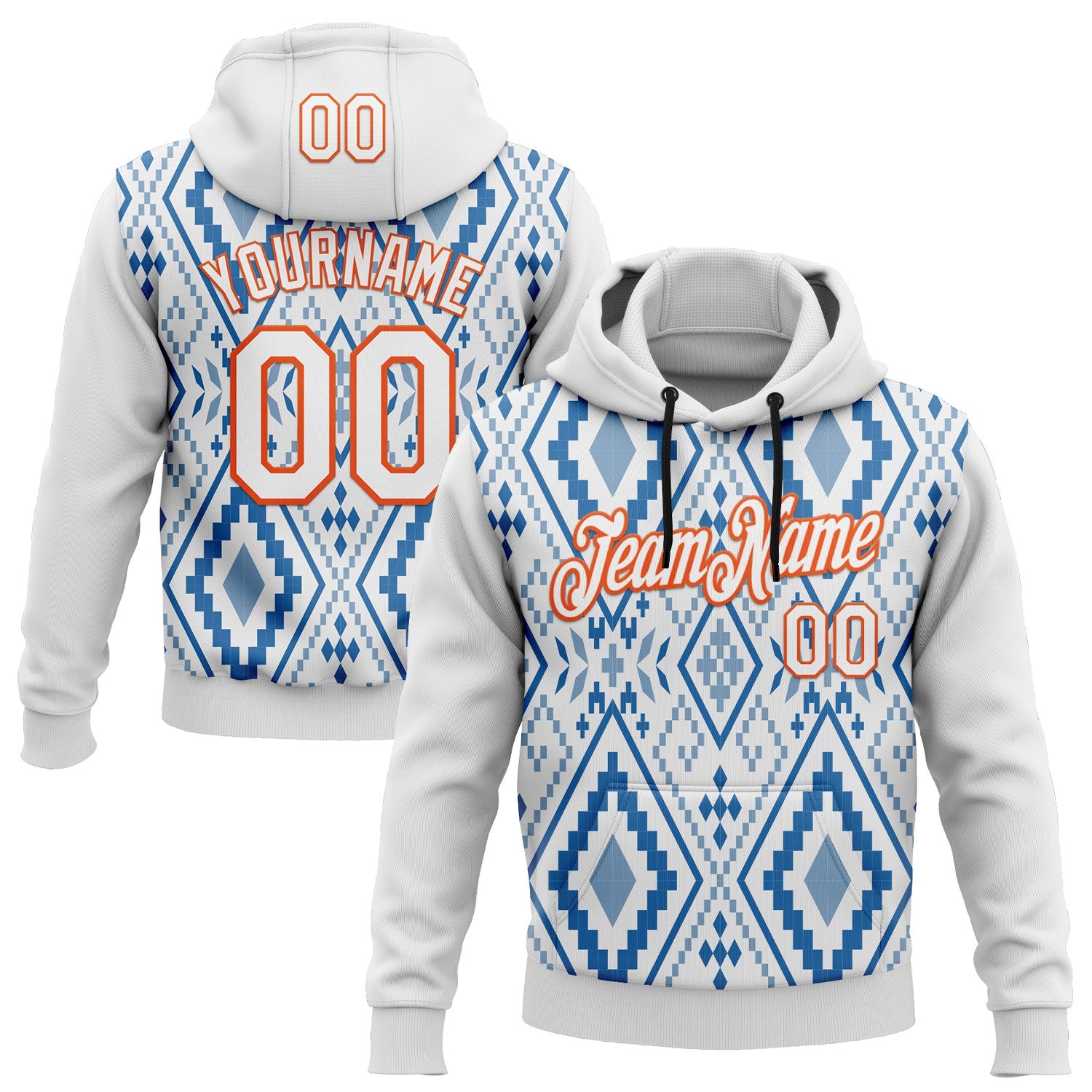 Custom Stitched White Blue-Orange 3D Mexico Aztec Pattern Sports Pullover Sweatshirt Hoodie