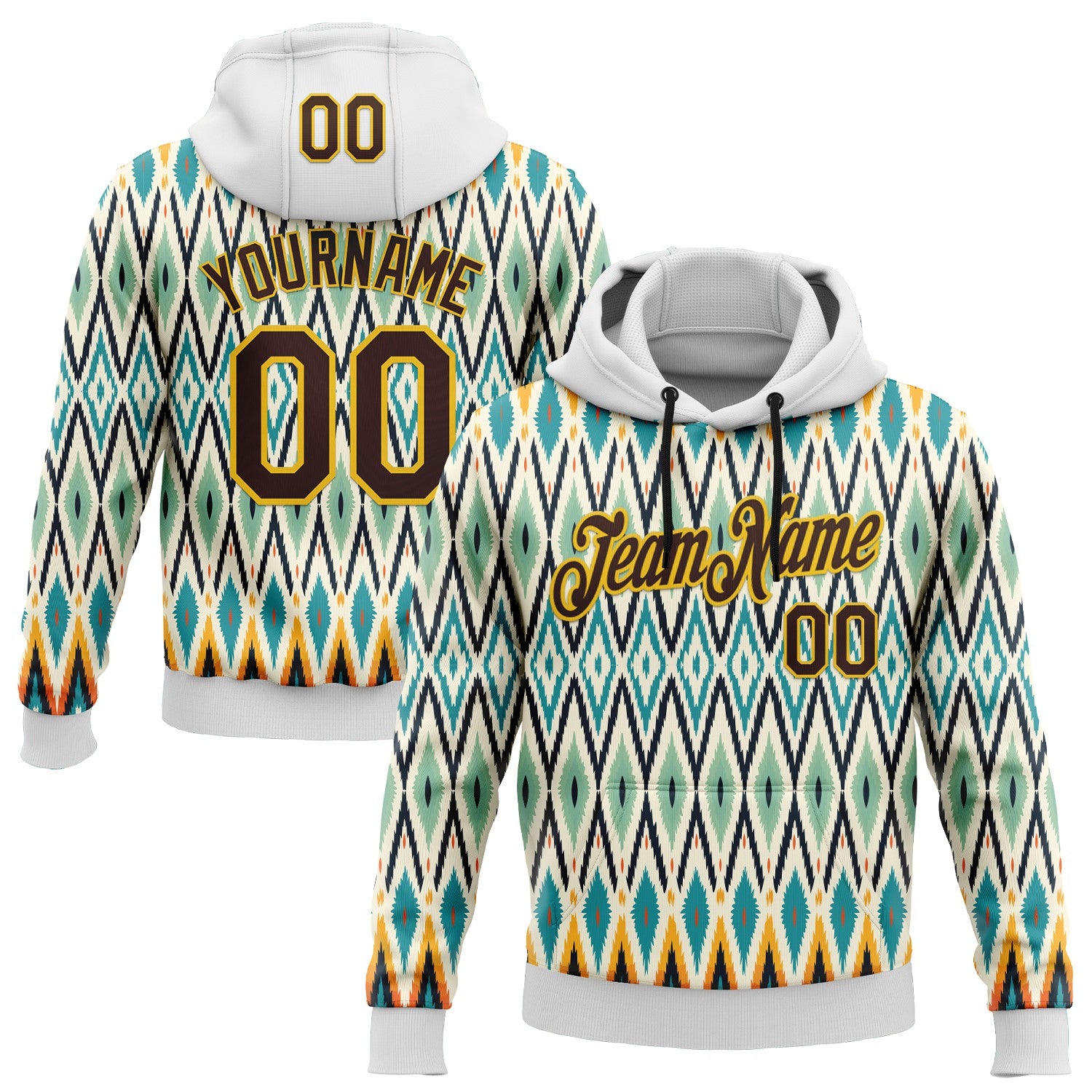 Custom Stitched White Brown Blue-Yellow 3D Mexico Aztec Pattern Sports Pullover Sweatshirt Hoodie