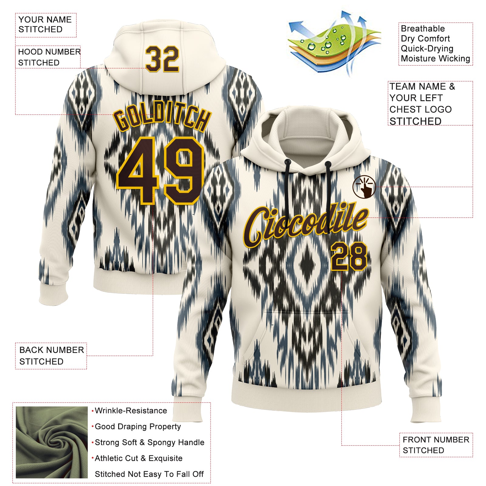 Custom Stitched Cream Brown Blue-Yellow 3D Mexico Aztec Pattern Sports Pullover Sweatshirt Hoodie