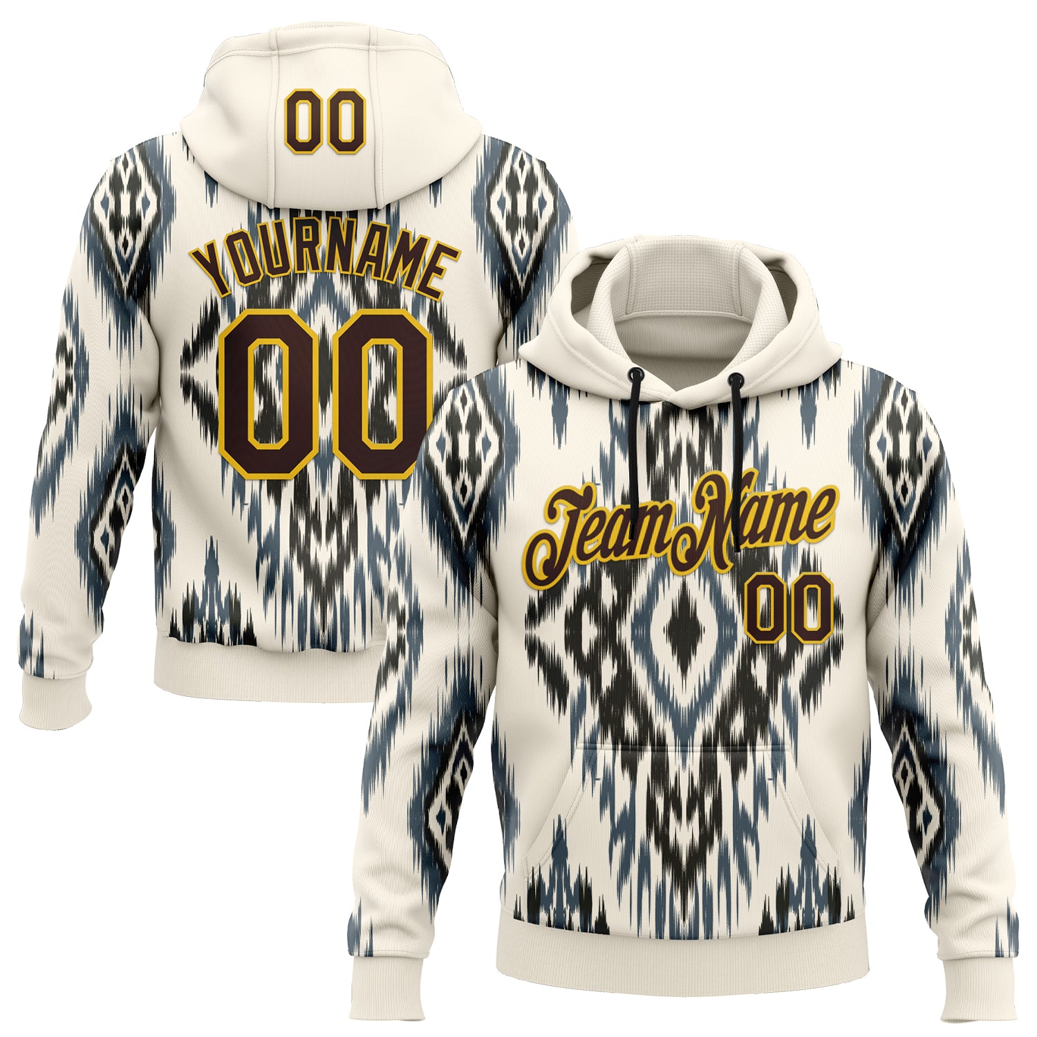 Custom Stitched Cream Brown Blue-Yellow 3D Mexico Aztec Pattern Sports Pullover Sweatshirt Hoodie