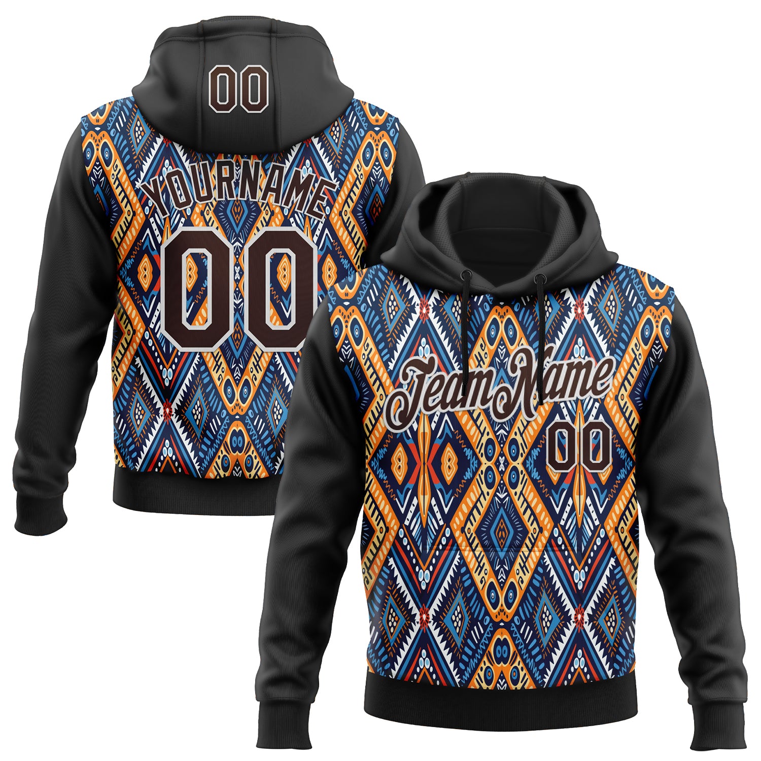 Custom Stitched Black Brown Blue Orange-White 3D Mexico Aztec Pattern Sports Pullover Sweatshirt Hoodie