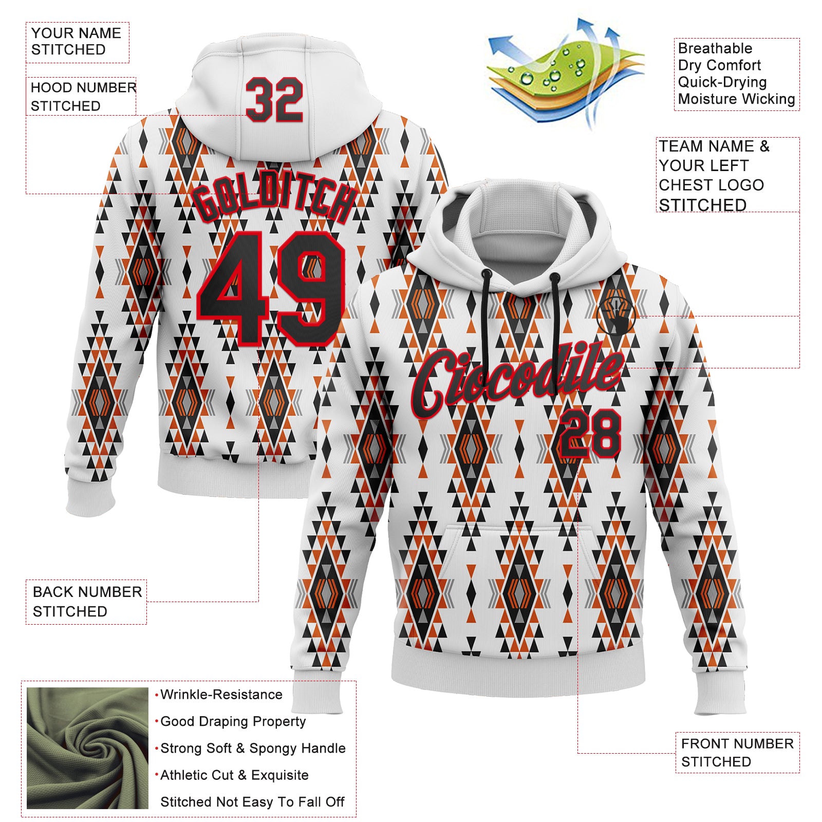 Custom Stitched White Black Orange Gray-Fire Red 3D Mexico Aztec Pattern Sports Pullover Sweatshirt Hoodie