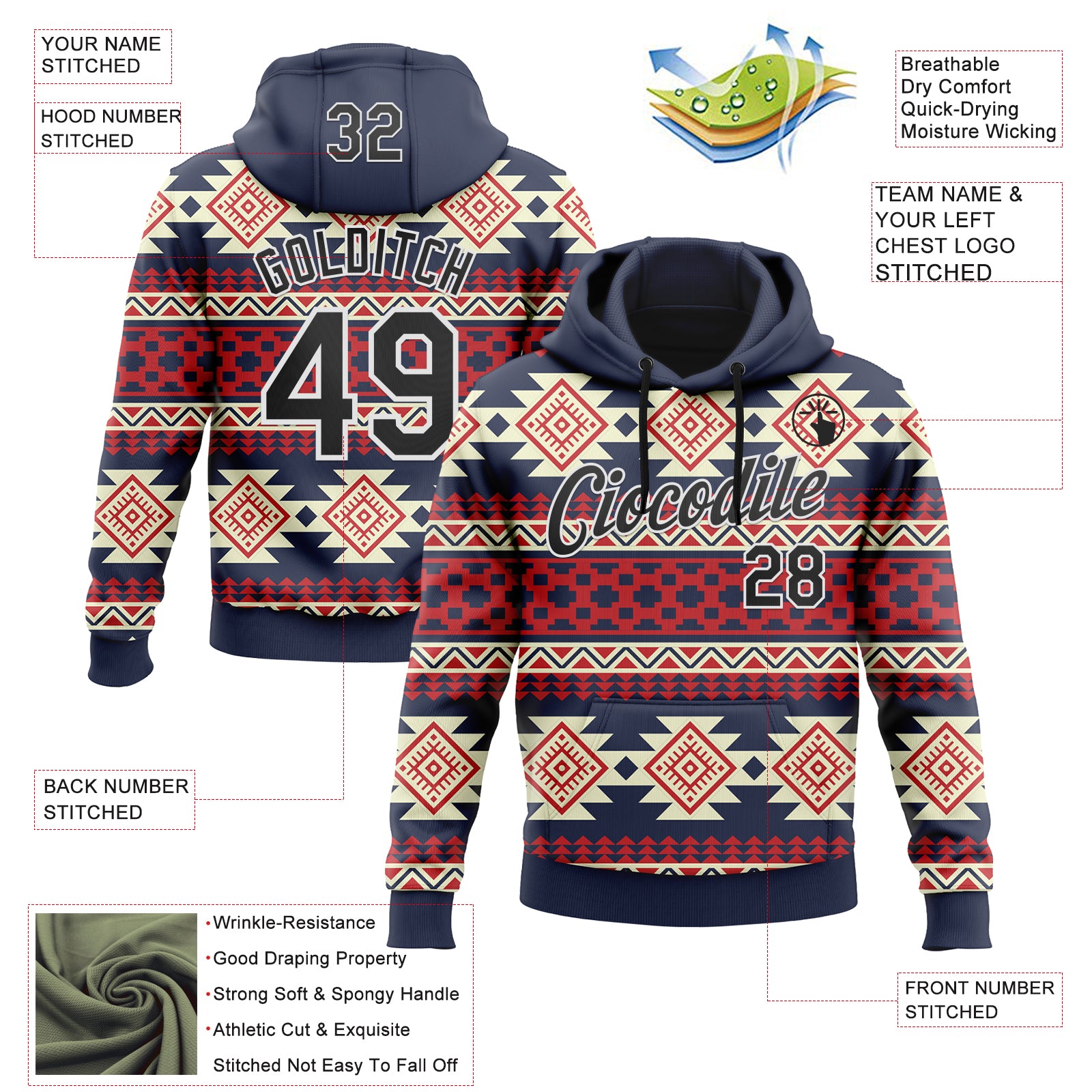 Custom Stitched Navy Black Red-White 3D Mexico Aztec Pattern Sports Pullover Sweatshirt Hoodie
