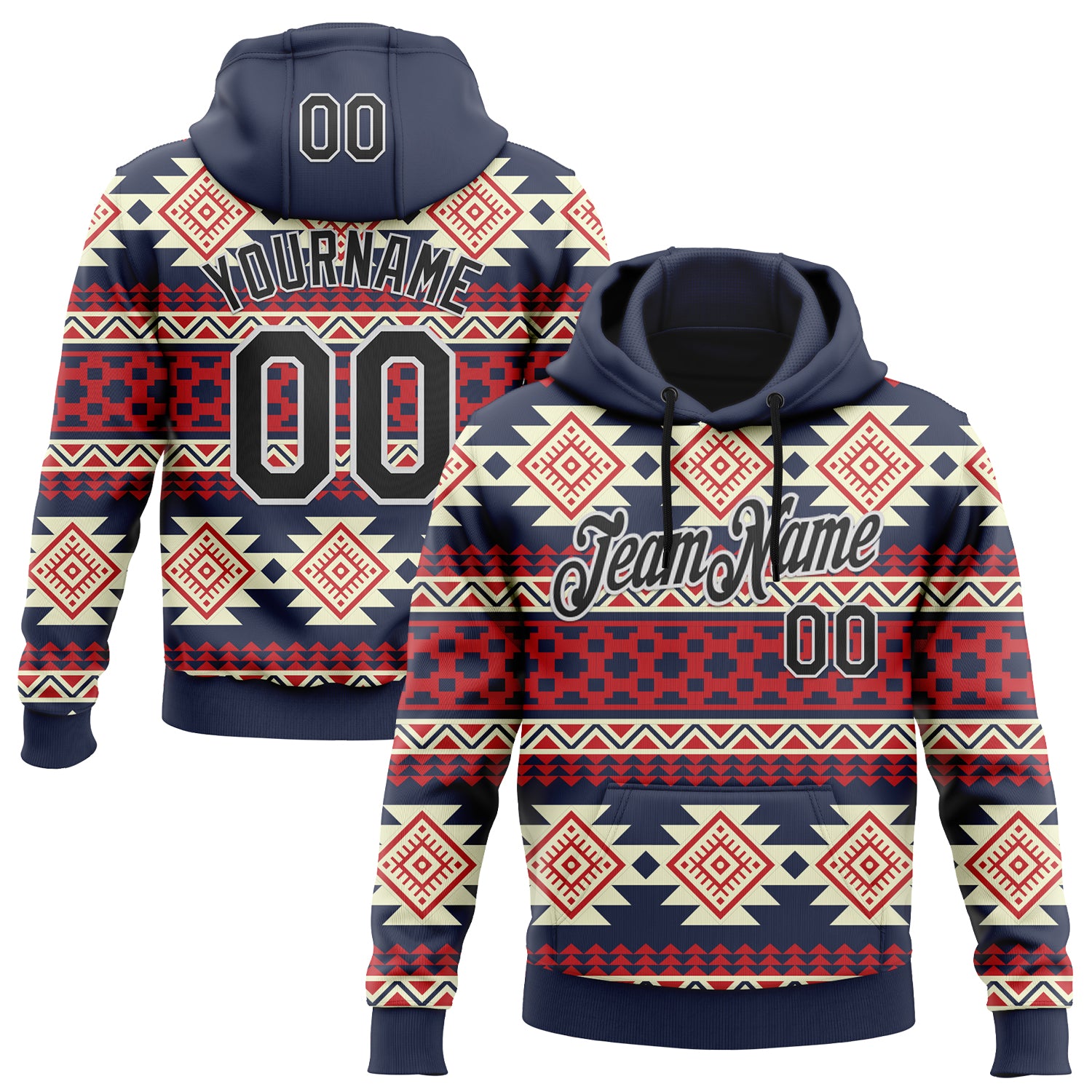 Custom Stitched Navy Black Red-White 3D Mexico Aztec Pattern Sports Pullover Sweatshirt Hoodie