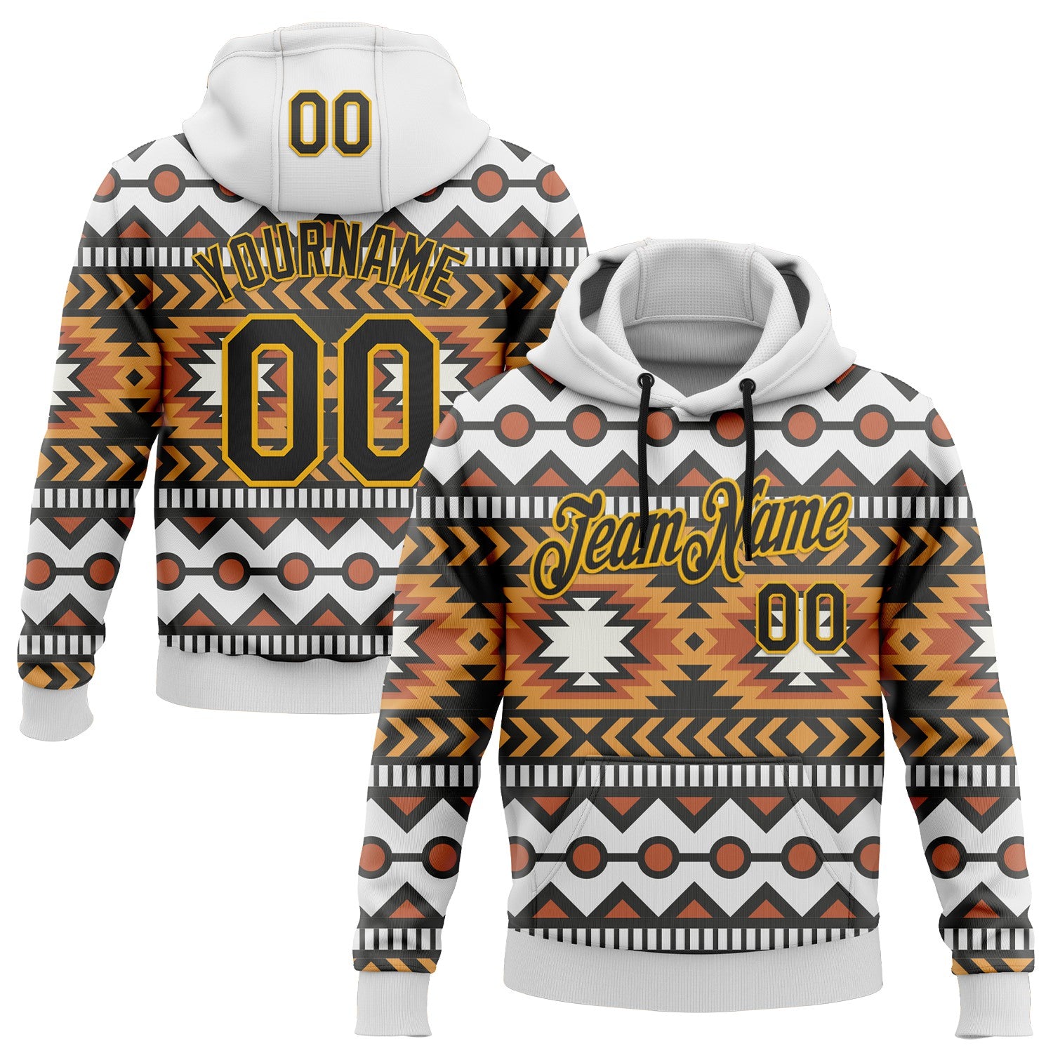 Custom Stitched White Black Orange-Gold 3D Mexico Aztec Pattern Sports Pullover Sweatshirt Hoodie