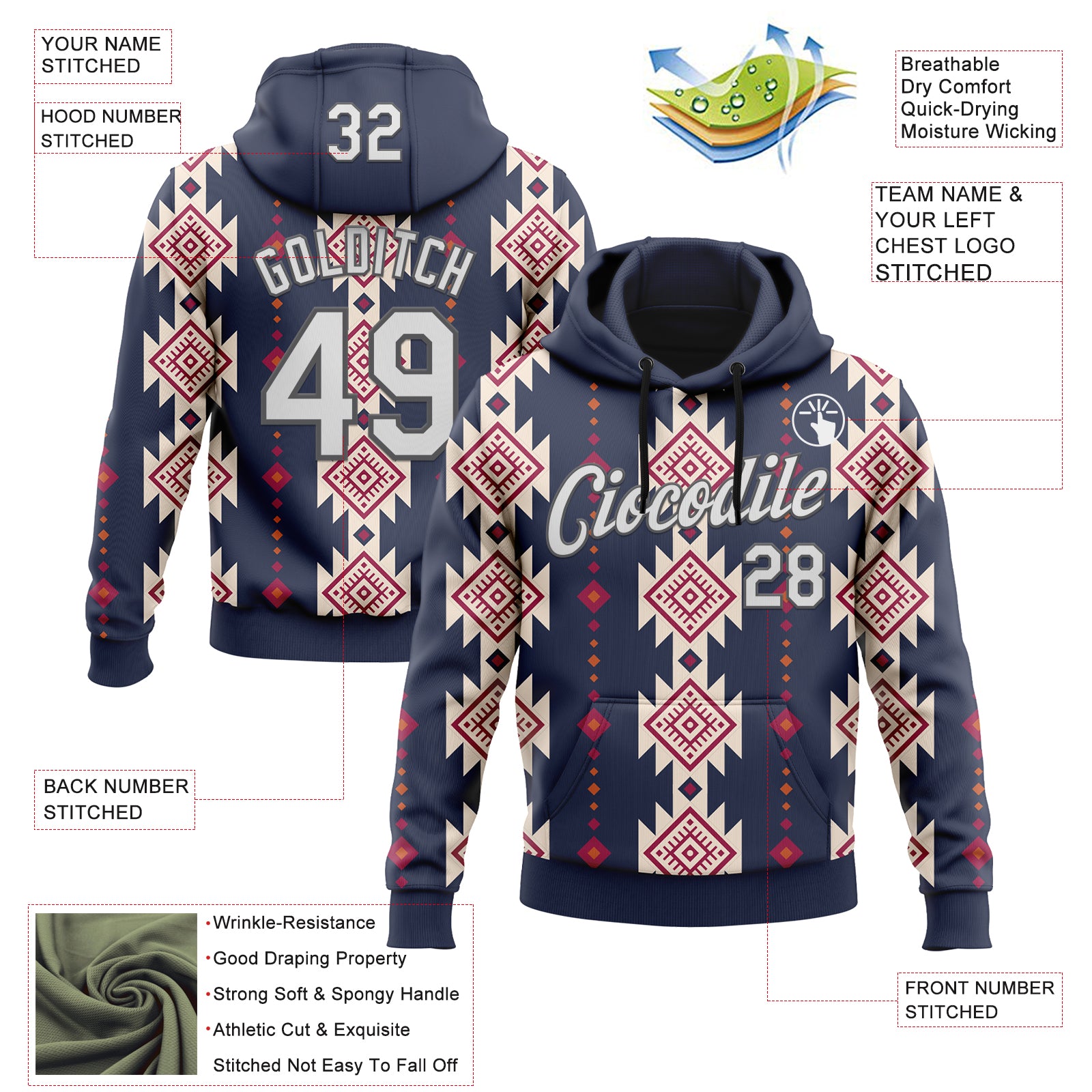 Custom Stitched Navy White Cream Red-Steel Gray 3D Mexico Aztec Pattern Sports Pullover Sweatshirt Hoodie