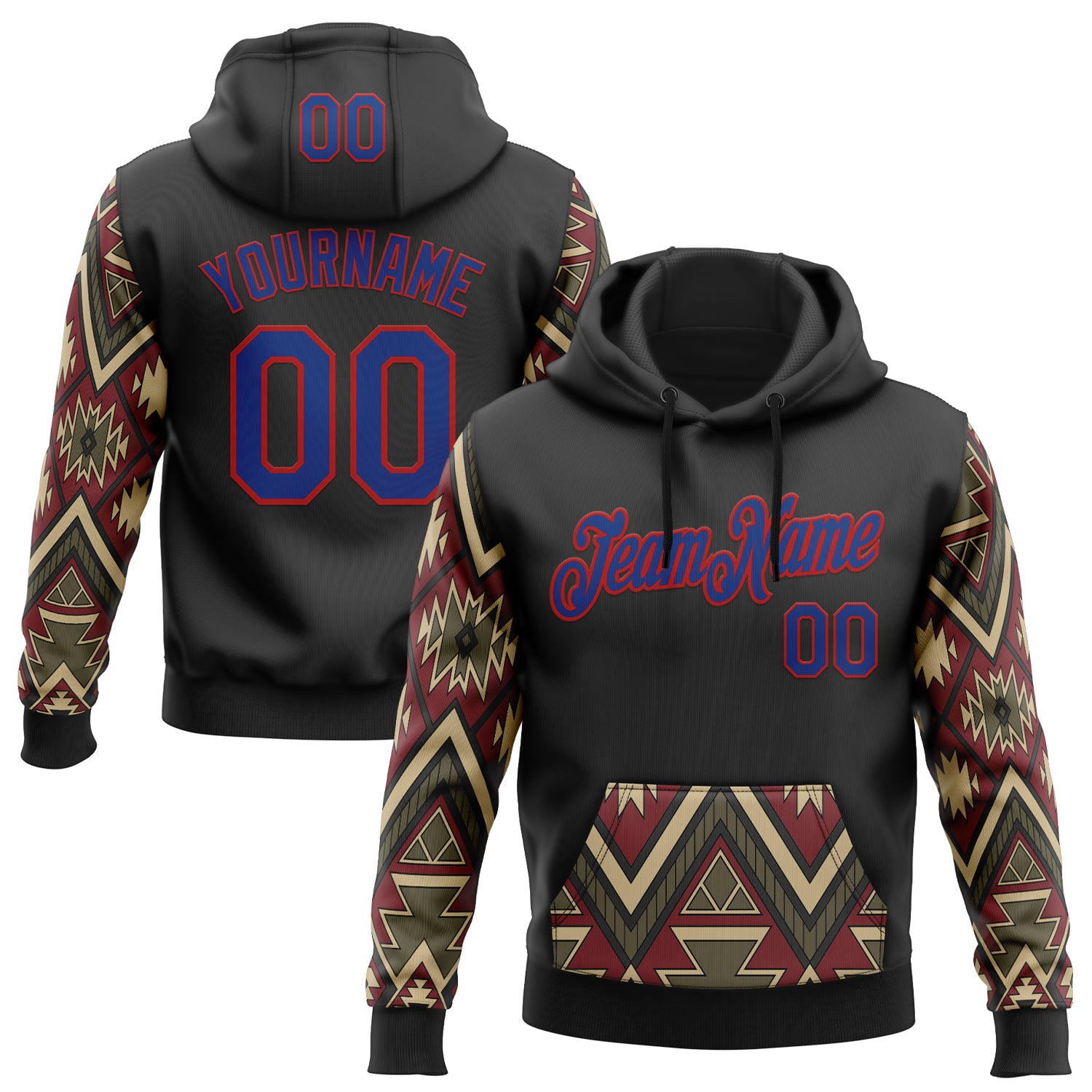 Custom Stitched Black Royal Cream Gray-Red 3D Mexico Aztec Pattern Sports Pullover Sweatshirt Hoodie