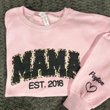 Mama Leopard Puff Print Personalized Sweatshirt with Kids Name On Sleeve