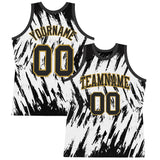 Custom White Black-Old Gold Abstract Sharp Shape Fragment Art Round Neck Sublimation Basketball Suit Jersey