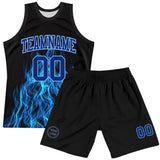 Custom Black Royal-Light Blue Flame Round Neck Sublimation Basketball Suit Jersey