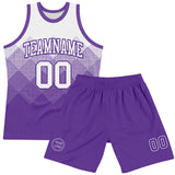 Custom White Purple Gradient Square Shapes Round Neck Sublimation Basketball Suit Jersey