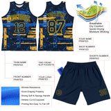 Custom Navy Yellow Abstract Shape Fragment Art Round Neck Sublimation Basketball Suit Jersey