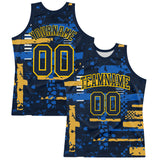Custom Navy Yellow Abstract Shape Fragment Art Round Neck Sublimation Basketball Suit Jersey