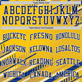Custom Yellow Navy Royal-White Geometric Stripe Round Neck Sublimation Basketball Suit Jersey