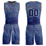 Custom Blue Navy White-Gold Gradient Geometric Stripe Round Neck Sublimation Basketball Suit Jersey