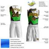 Custom White Black Green-Gold Triangle Geometric Stripe Round Neck Sublimation Basketball Suit Jersey