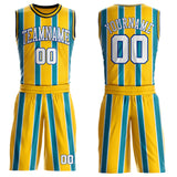 Custom Yellow White Teal Royal-Black Geometric Stripe Round Neck Sublimation Basketball Suit Jersey