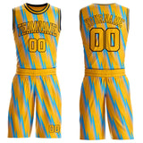 Custom Gold Lakes Blue Brown-Black Gradient Lightning Stripe Round Neck Sublimation Basketball Suit Jersey