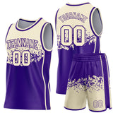 Custom Cream-Purple Shattered Geometric Side Panel Stripe Round Neck Sublimation Basketball Set Jersey