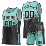 Custom Ice Blue Black-White Shattered Geometric Side Panel Stripe Round Neck Sublimation Basketball Set Jersey