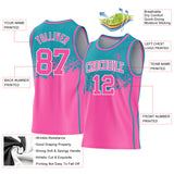 Custom Teal Pink-White Shattered Geometric Side Panel Stripe Round Neck Sublimation Basketball Set Jersey