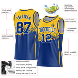 Custom Gold Royal-White Shattered Geometric Side Panel Stripe Round Neck Sublimation Basketball Set Jersey