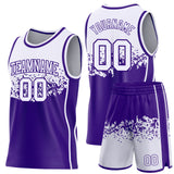 Custom White-Purple Shattered Geometric Side Panel Stripe Round Neck Sublimation Basketball Set Jersey