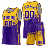 Custom Gold Purple-White Shattered Geometric Side Panel Stripe Round Neck Sublimation Basketball Set Jersey