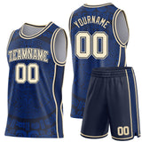 Custom Royal Cream-Navy Tribal Ethnic Aztec Sun Stone Side Panel Stripe Round Neck Sublimation Basketball Set Jersey
